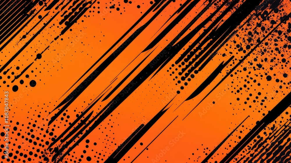 Poster abstract orange and black diagonal lines with grunge texture and splatters.