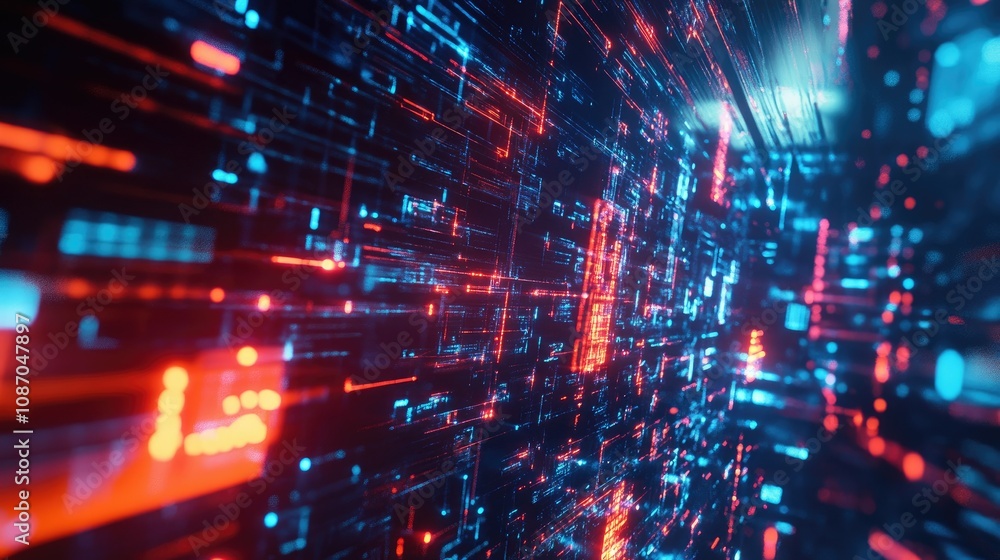 Poster abstract digital data stream, glowing lines and numbers in red and blue.