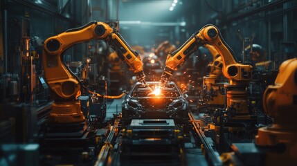 Fototapeta premium Industrial Robots Welding a Car Body on an Assembly Line