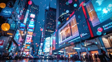 Obraz premium A vibrant night scene in a bustling city, with illuminated billboards and a glowing sky.