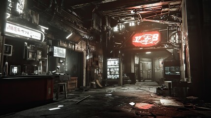 Dark, gritty alleyway with neon signs, showing urban decay and a dystopian atmosphere.