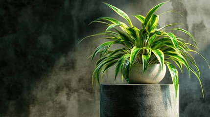 Lush green plant in a white pot on a dark grey pedestal against a textured wall.