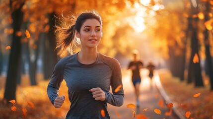 A healthy Latin American woman and her friends are running and jogging for health or wellness in the morning sunrise at park.