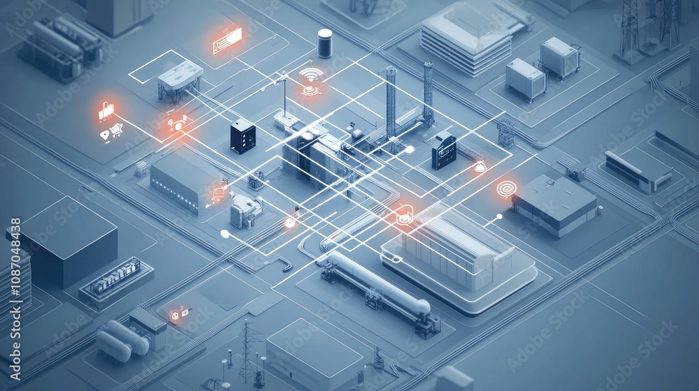 Poster isometric illustration of smart factory with interconnected devices and sensors, showcasing automati