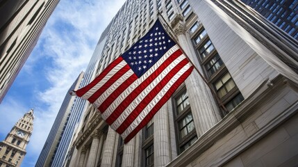 U.S. flag waving in front of iconic buildings, symbolizing national pride