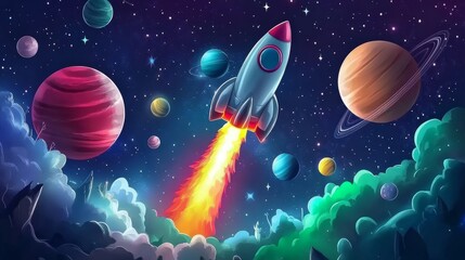Naklejka premium A colorful cartoon vector illustration of an animated rocket taking off into space, surrounded by planets and stars.