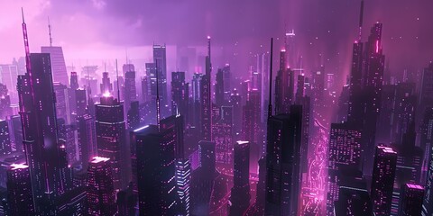 Obraz premium Sci-fi city skyline with bronze and magenta neon lights. Night scene with advanced skyscrapers. 3D Render.
