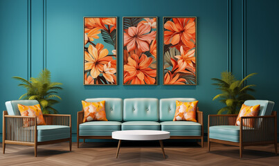 Teal Living Room Interior with Orange Floral Art Prints