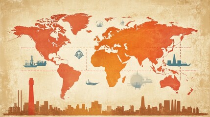 Vintage Styled World Map with Landmarks and Vessels, Perfect for Travel Themes and Educational Materials Featuring Illustrations of Cities and Shipping Routes
