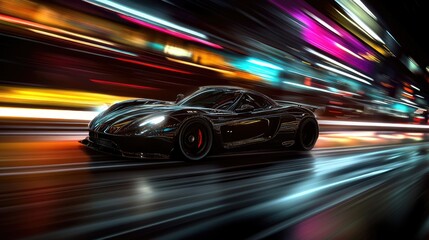 Sleek black sports car speeding through vibrant city night, motion blur.