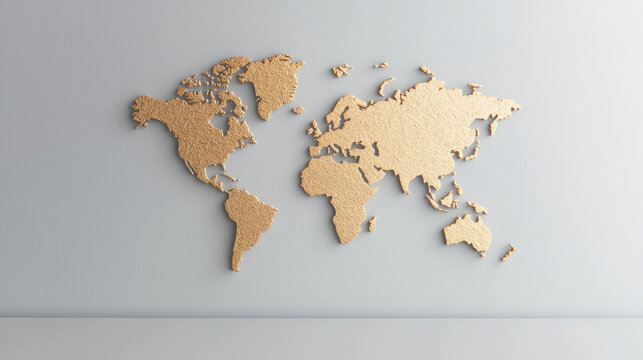 Fototapeta world map design with golden lines on textured background, symbolizing global connections and economic progress. elegant look adds modern touch to any space