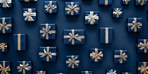 Festive background with Christmas presents standing close to each other, neatly arranged in a grid. Elegant navy blue and silver banner.