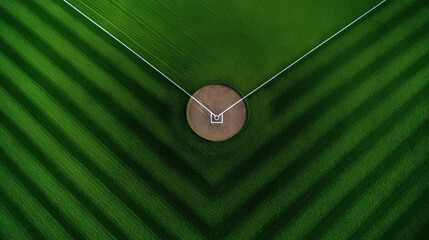 Aerial view of a baseball field showing the pitcher's mound and neatly striped green grass, with white chalk lines marking the infield.