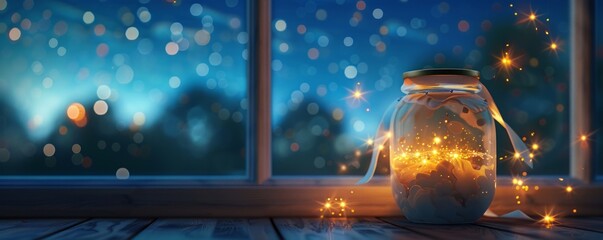 Mockup White ceramic jar filled with glowing fireflies against a starry night sky (seen through a window).