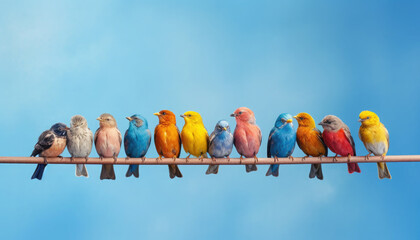 Row of birds of various colors perched on a bar. The birds are blue, yellow, and orange.