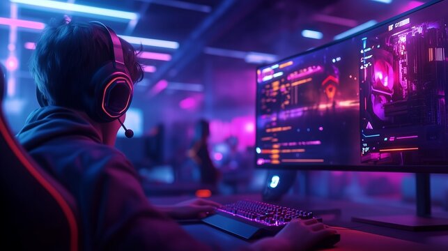 A gamer plays a video game in a brightly lit room with neon lights