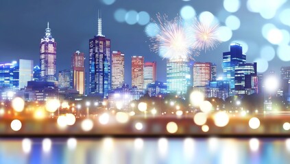 Blurred city skyline at night with fireworks celebrating New Year's Eve