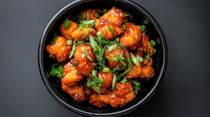 Fototapeta premium A bowl of spicy orange glazed cauliflower garnished with fresh green onions on a dark background, showcasing a vibrant and appetizing presentation of vegetarian cuisine.