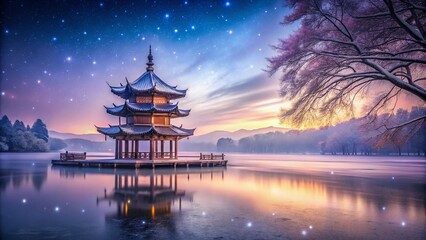 Obraz premium Surreal Winter Wonderland: A Majestic Snowy Pagoda Standing Alone on a Frozen Lake, Enveloped in Ethereal Mist and Glittering Snowflakes Under a Striking Twilight Sky