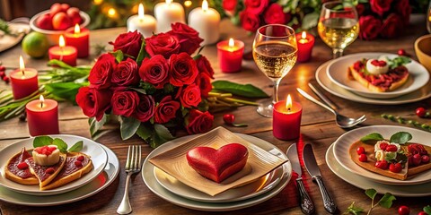 Romantic Valentine&rsquo;s Day Dinner Setup with Heart-Shaped Dishes, Red Roses, and Candlelight for a Cozy Atmosphere Ideal for a Special Evening Celebration