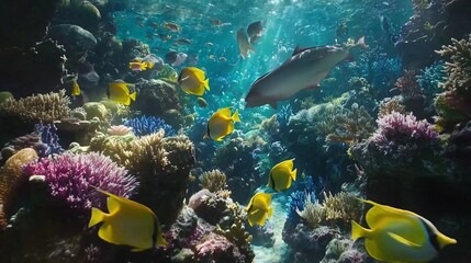 Fototapeta premium Schools of colorful fish gracefully navigate through coral reefs, showcasing the dynamic harmony of marine life