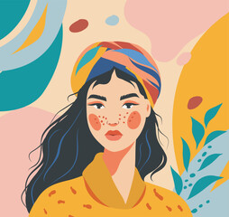 Vector bright flat portrait of a girl woman in memphis style, abstraction
