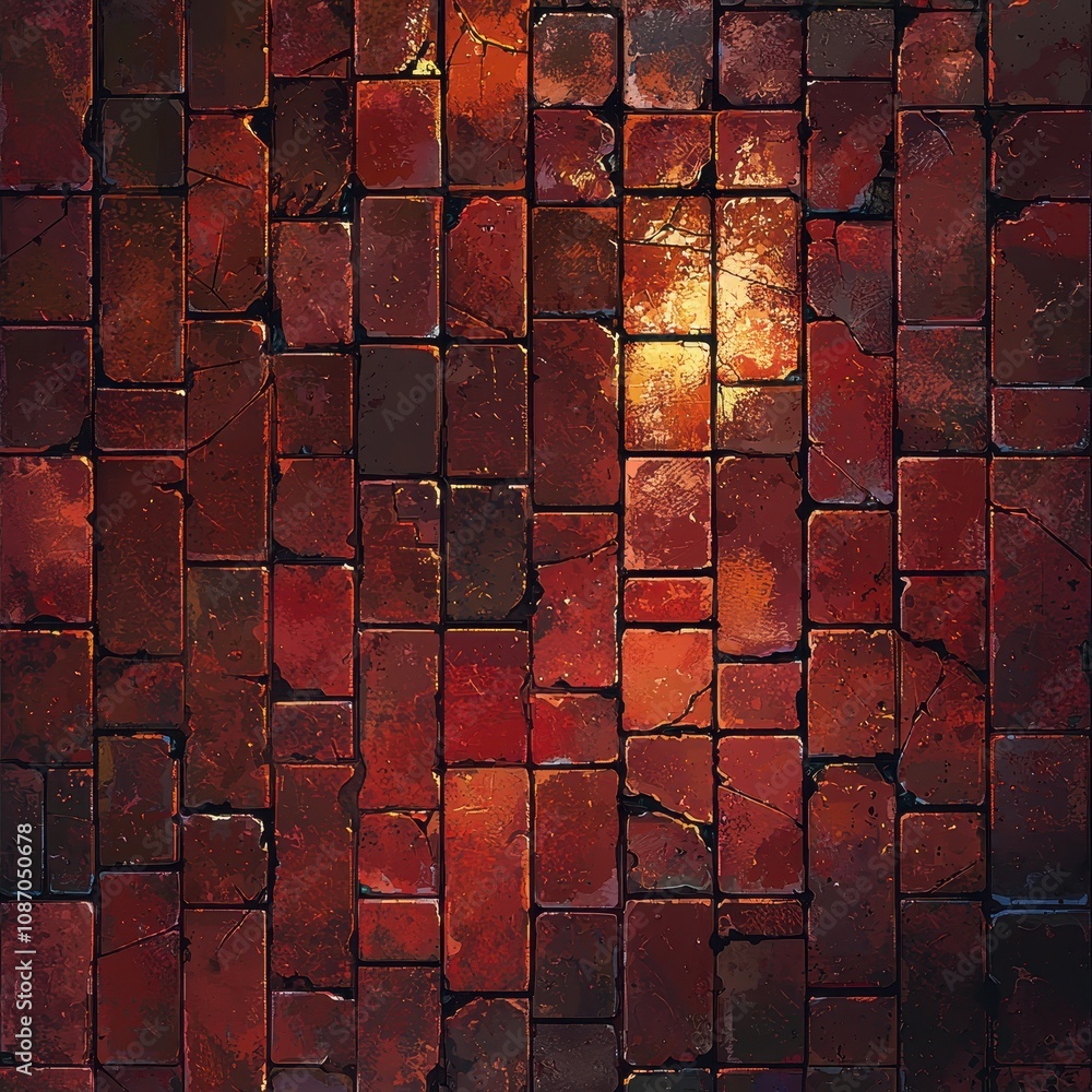 Poster abstract texture of dark red bricks with subtle highlights and cracks, ideal for backgrounds, patter