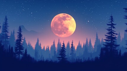 A full moon hangs over a silhouetted forest, casting an ethereal glow on the landscape.