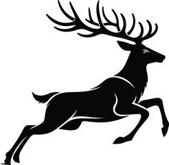 silhouette of a deer Reindeer with antlers , Black and white silhouette deer jumping vector art style with white background .