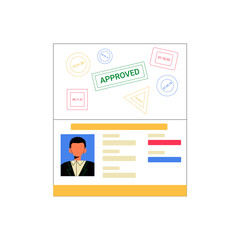Approved Passport Page With Photo And Stamps In Flat Vector Illustration Symbolizing Travel Authorization, Immigration, And Identity Verification, Isolated On White Background.