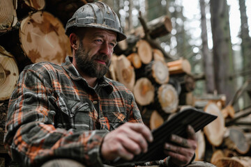 Fototapeta premium Generative AI image of a handsome virile bearded woodcutter at work in a traditional woodworking workshop