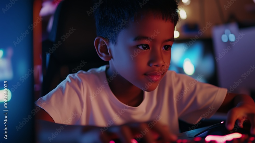 Poster a young boy sits in front of a computer screen, concentrating on his task as he navigates the keyboa