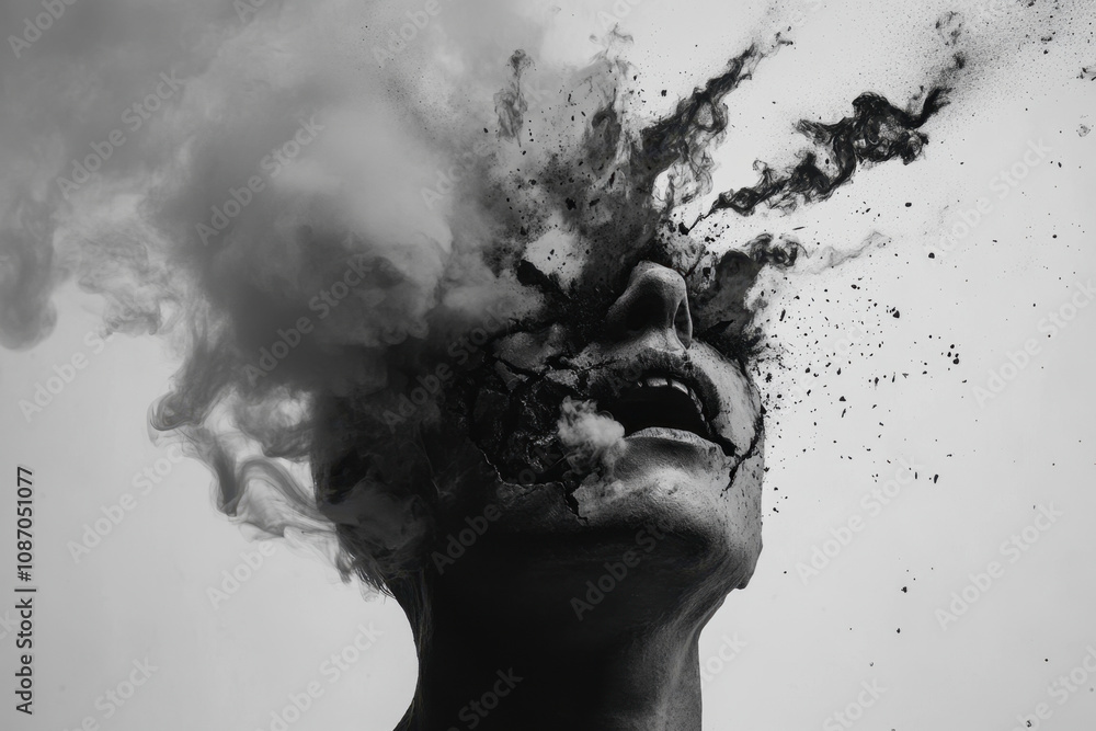 Poster manslaughter and mental illness. a surreal black-and-white image of a head exploding with clouds and