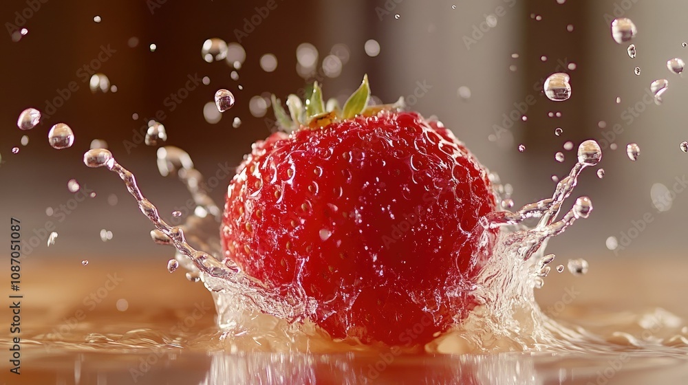 Poster red strawberry splashing into liquid, creating a crown splash.