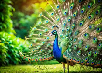 Obraz premium The Alluring Peacock Dance in Vibrant Colors with Elegant Feathers Displayed, Captivating Movement and Graceful Posture, Perfect for Nature and Wildlife Enthusiasts, Copy Space Available