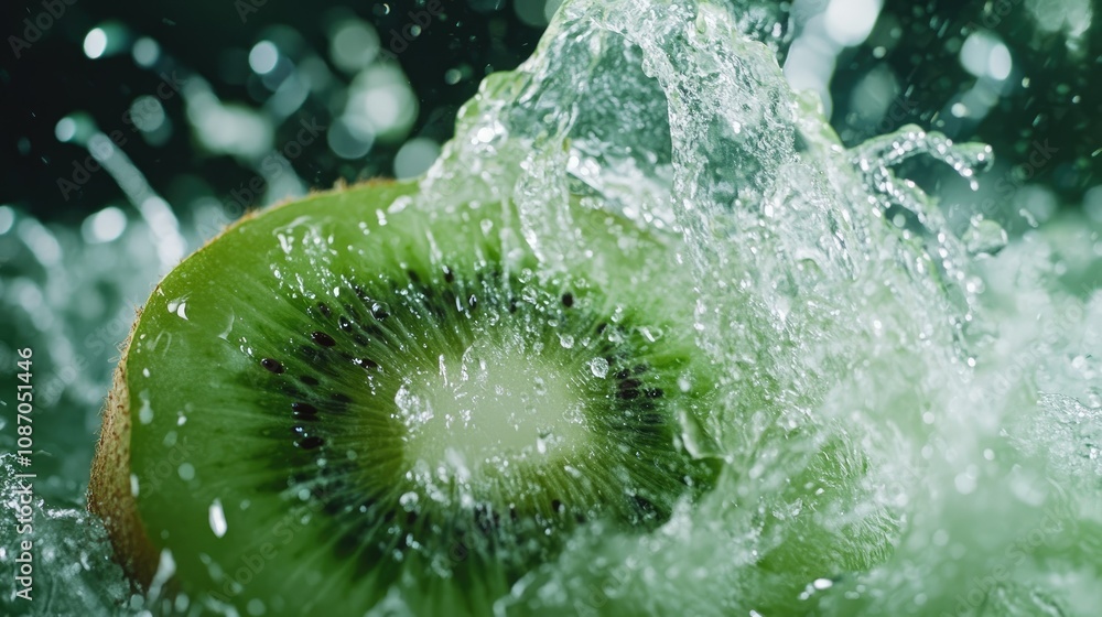 Poster fresh kiwi fruit splashing in water.