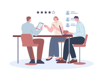 Female on job interview. Employer checks applicants rating and social networks, looks at friends and subscriptions. Women and men recruiters, vector scene