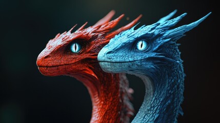 Two young dragons, one red and one blue, side by side, heads turned slightly towards each other.