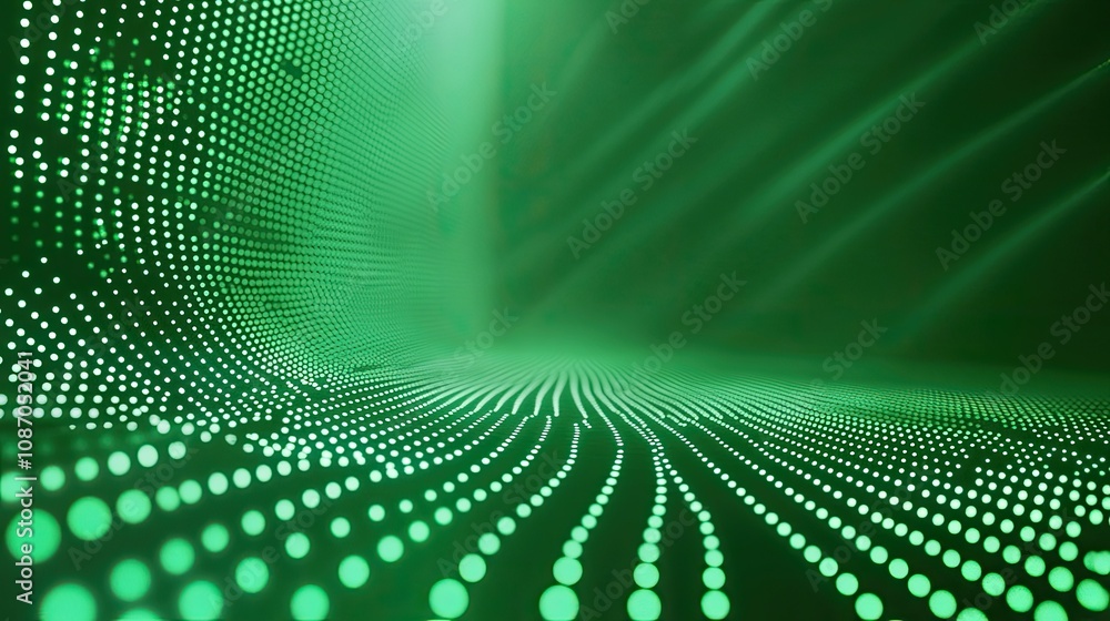 Poster abstract green glowing dots forming a wave pattern on a dark background.