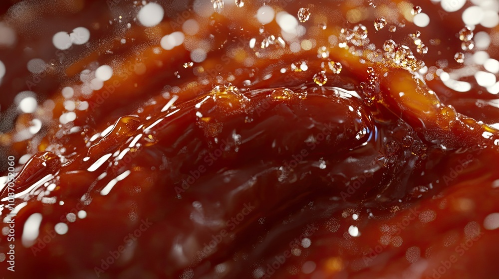 Poster close-up of red sauce splashing, showing texture and droplets.