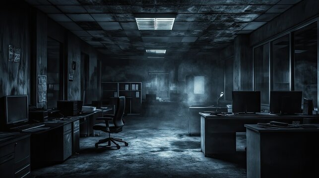 Dark, abandoned office with smoke, dust, and decaying furniture.