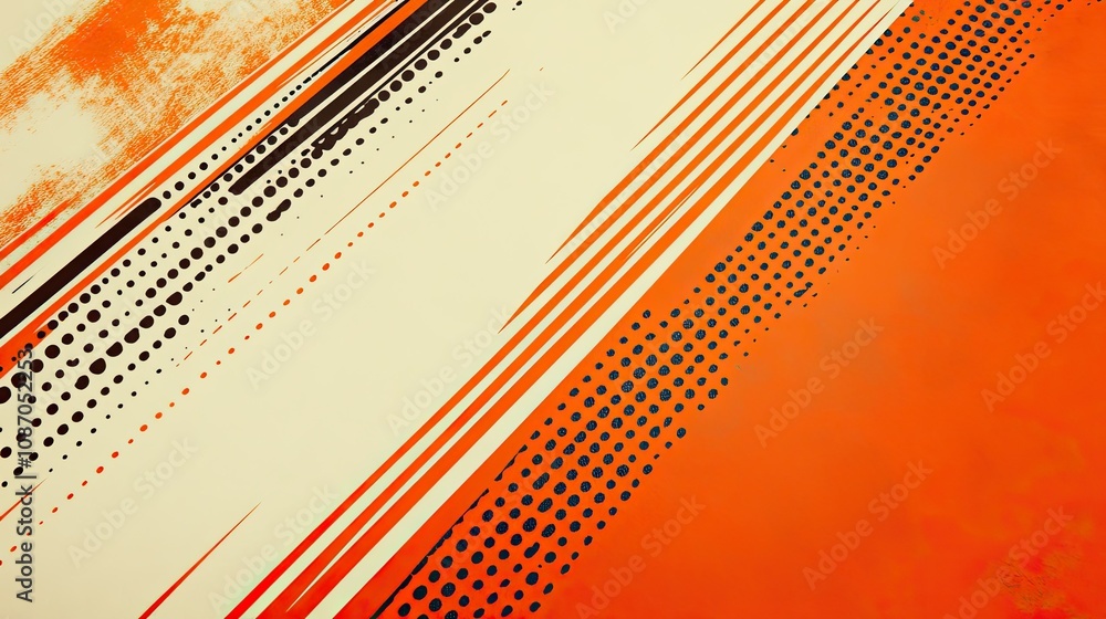 Poster abstract orange and beige diagonal lines with halftone dots background.