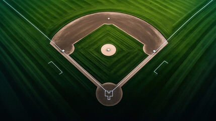 Aerial view of a baseball field with green grass, brown infield, and distinct white lines marking the bases and home plate, under clear sunlight.