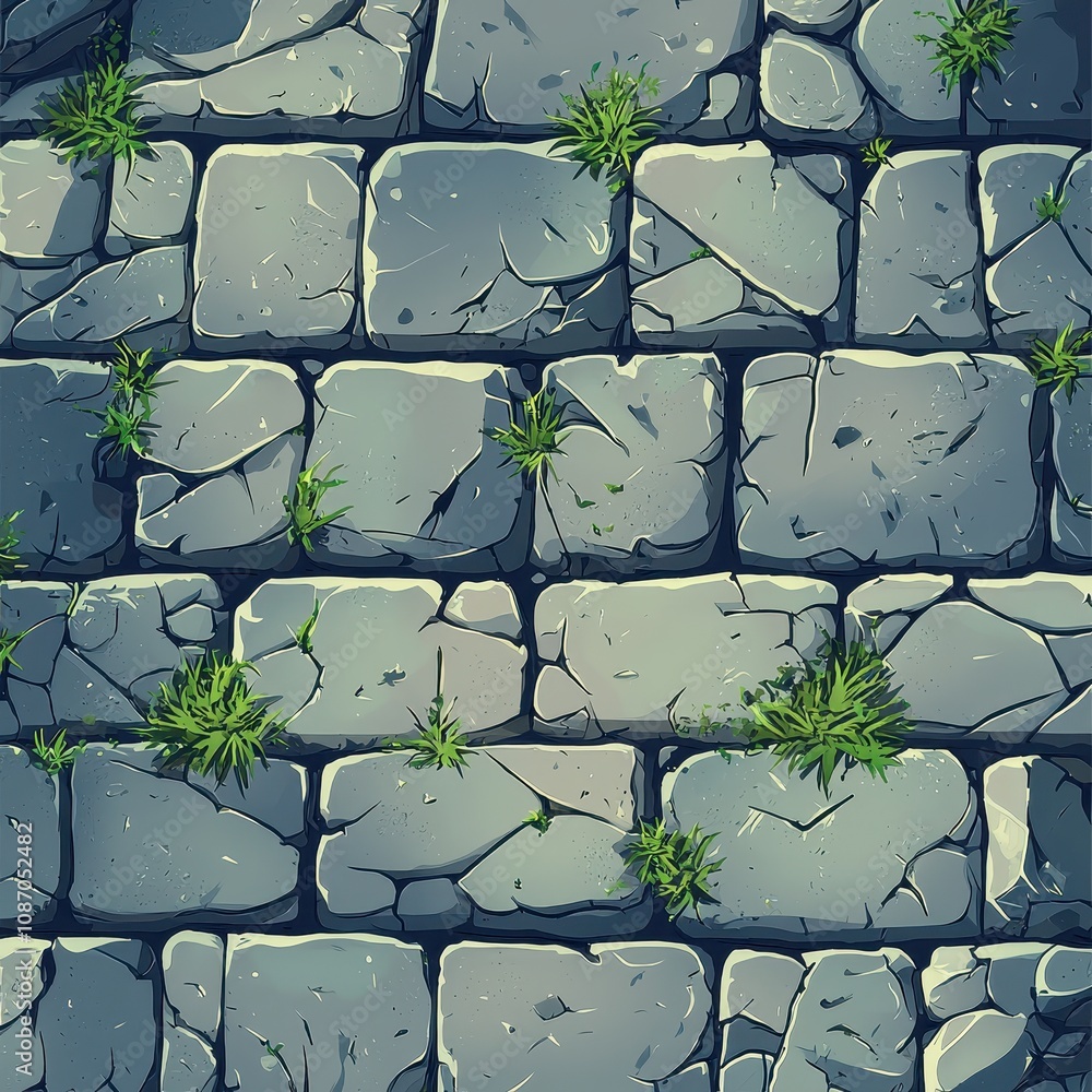 Poster textured cobblestone pavement with scattered green grass and moss highlights in a natural environmen