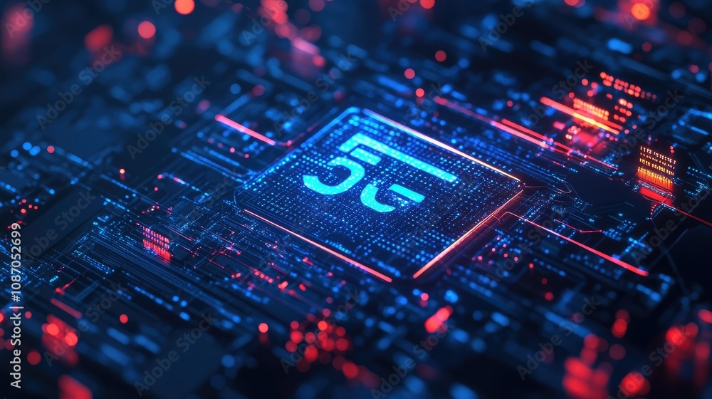 Aufkleber close-up of a 5g network chip, showcasing intricate circuitry and vibrant data streams.