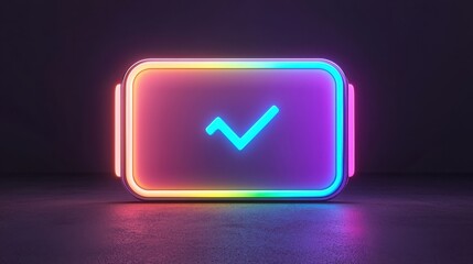 SEO ranking mobile concept. A colorful neon sign featuring a check mark icon, set against a dark background, symbolizing approval or completion.