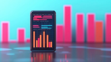 SEO ranking mobile concept. A modern digital display showing colorful bar graphs and data analysis against a vibrant blue background.