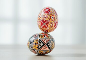 Intricately decorated red and black pysanky Easter eggs balancing on wooden surface