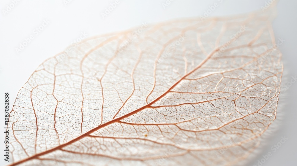 Poster close-up of a delicate, translucent leaf skeleton with intricate vein patterns against a soft white 