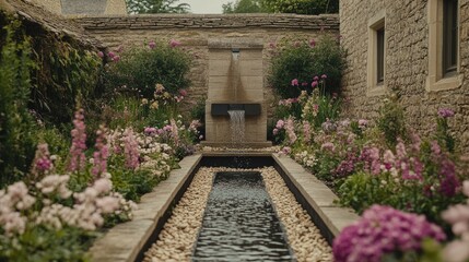 Fototapeta premium Tranquil Garden Oasis with Flowing Water and Lush Flowers in Serene Stone Landscape, Ideal for Relaxation and Nature-Inspired Decoration